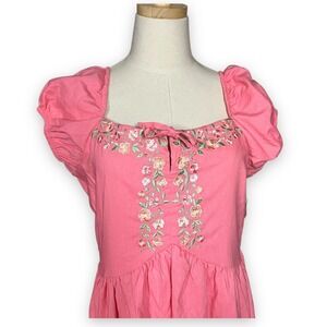 Blueberi Boulevard Dress Womens XL Pink Boho Cottagecore Puff Sleeve Embroidered